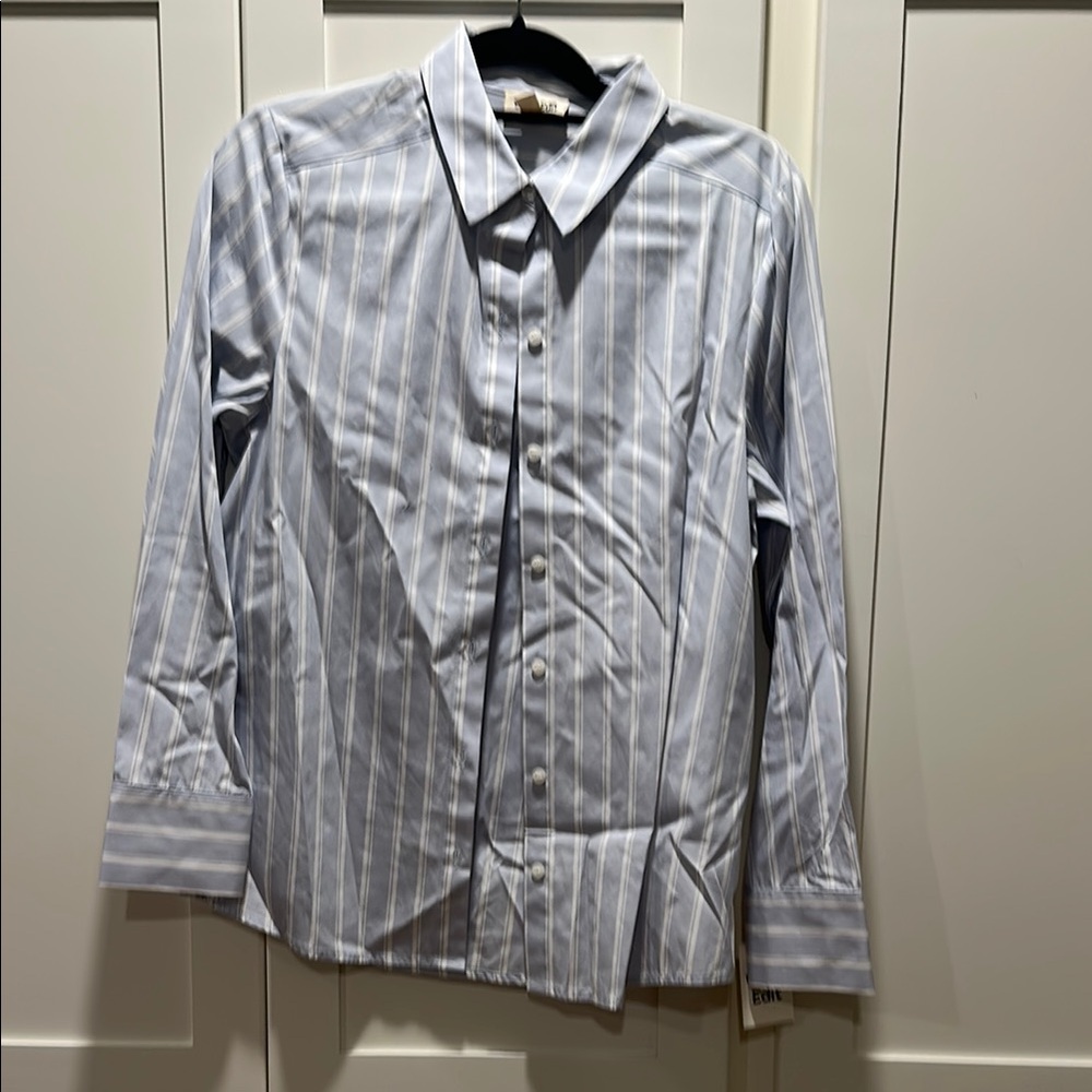 Blue and White Button Down Shirt with Vertical Stripes